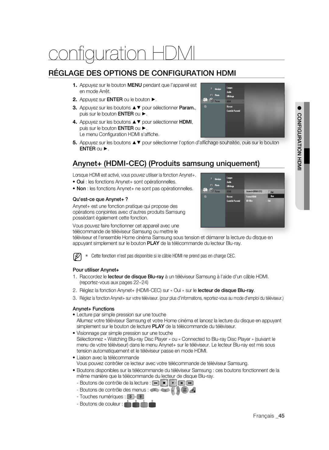 Samsung BD-P1650A/XEF, BD-P1600A/XEF manual Conﬁ guration Hdmi, RégLAge DeS oPtionS De ConfigURAtion hDMi, Français  