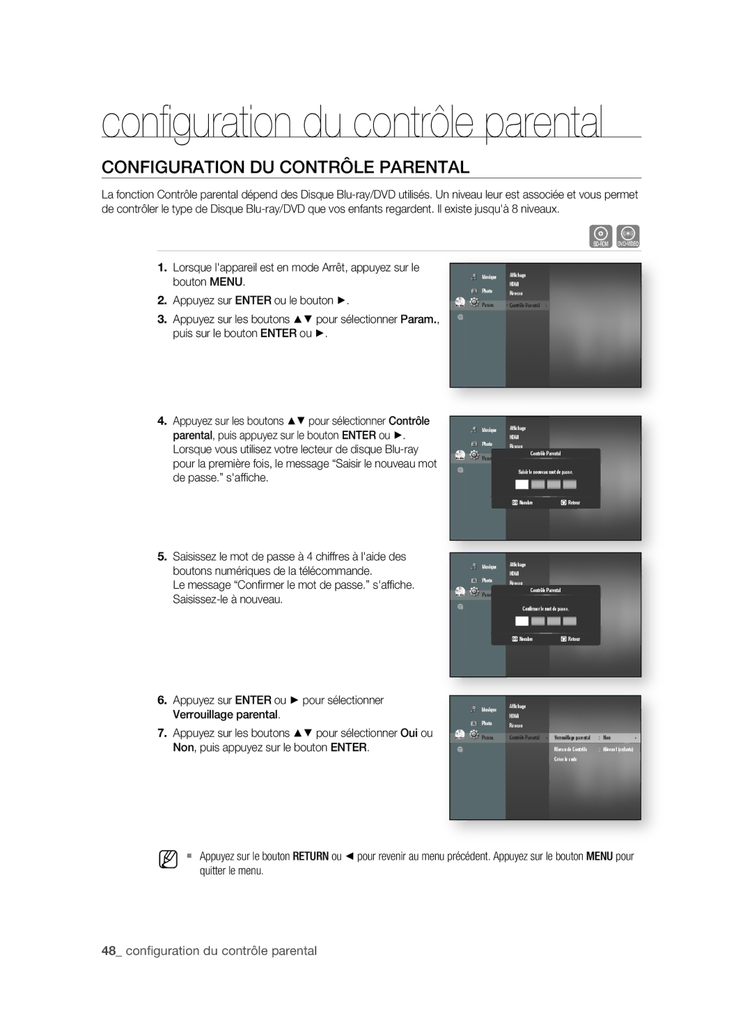 Samsung BD-P1600A/XEF manual ConfigURAtion DU ContRÔLe PARentAL,  confi guration du contrôle parental, Quitter le menu 