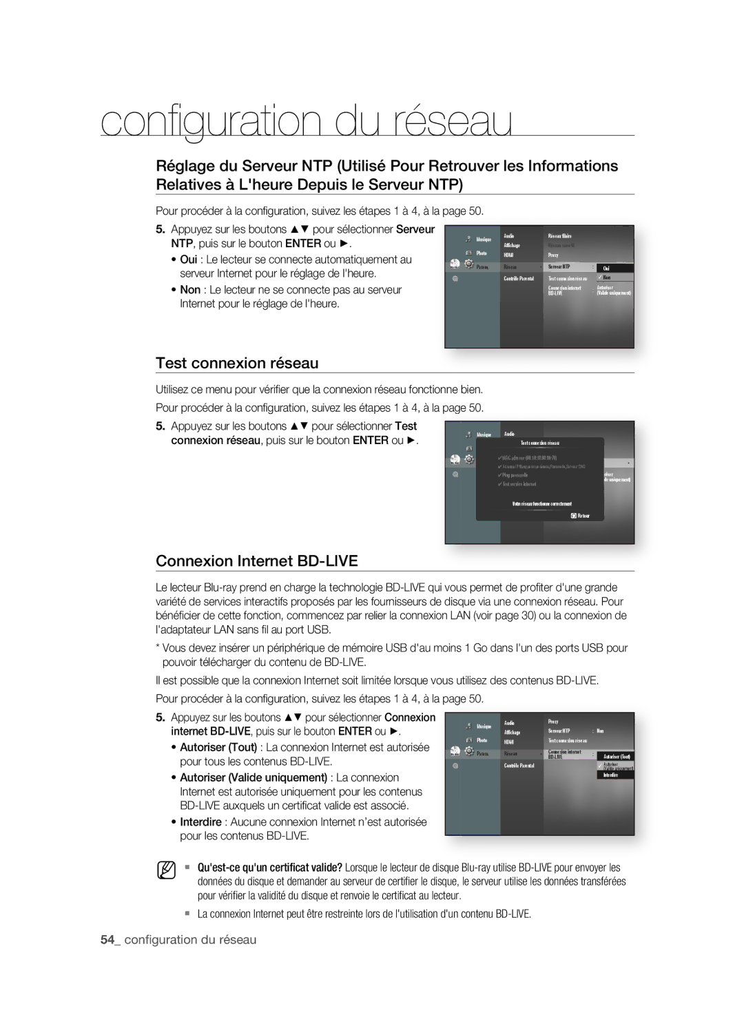Samsung BD-P1600A/XEF, BD-P1650A/XEF manual Test connexion réseau, Connexion internet BD-LiVe,  confi guration du réseau 