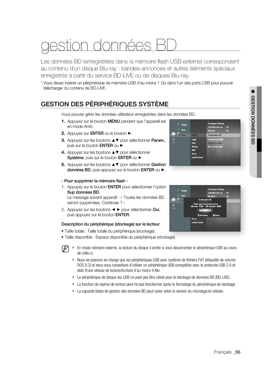 Samsung BD-P1650A/XEF, BD-P1600A/XEF manual Gestion données BD, GeStion DeS PéRiPhéRiQUeS SYStÈMe 