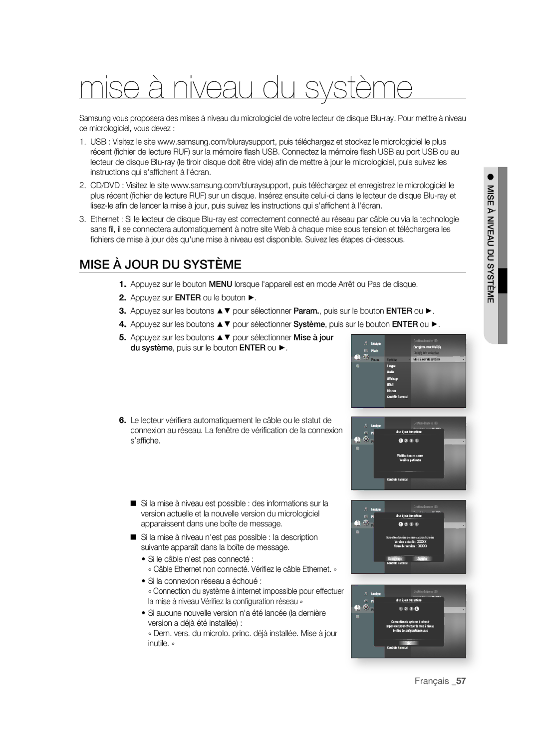 Samsung BD-P1650A/XEF, BD-P1600A/XEF manual Mise à niveau du système, MiSe à JoUR DU SYStÈMe, MiSe à niVeAU DU SYStÈMe 