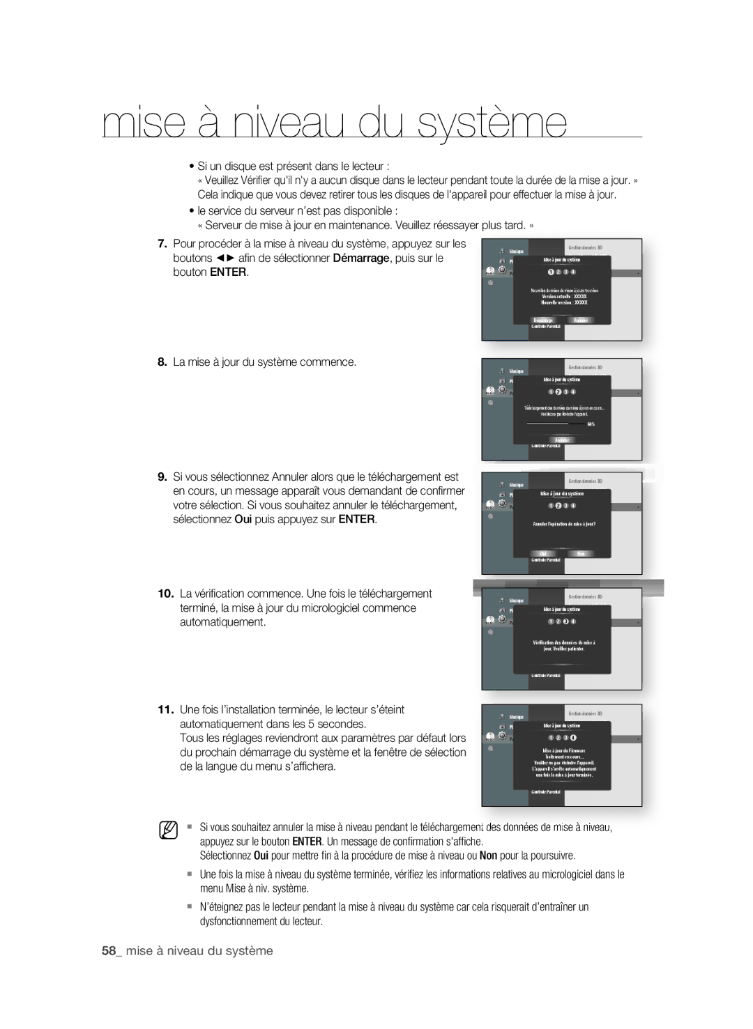 Samsung BD-P1600A/XEF, BD-P1650A/XEF manual  mise à niveau du système, Si un disque est présent dans le lecteur 