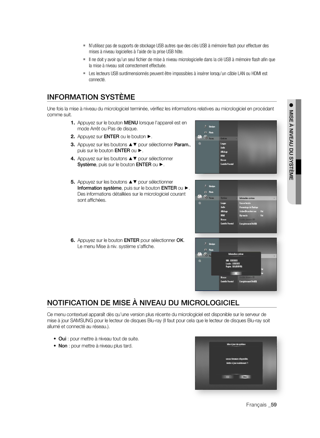 Samsung BD-P1650A/XEF, BD-P1600A/XEF manual InfoRMAtion SYStÈMe, NotifiCAtion De MiSe à niVeAU DU Mi, NiVeAU DU SYStÈMe 