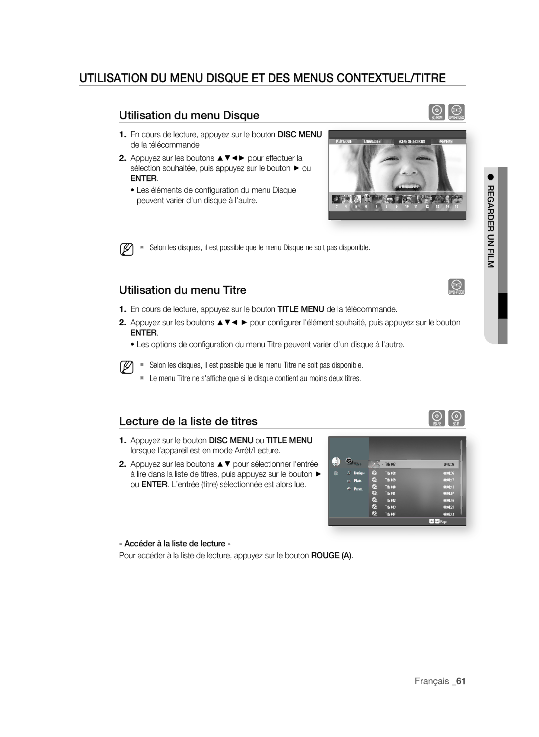 Samsung BD-P1650A/XEF, BD-P1600A/XEF UtiLiSAtion DU MenU DiSQUe et DeS MenUS ConteXtUeL/titRe, Utilisation du menu Disque 