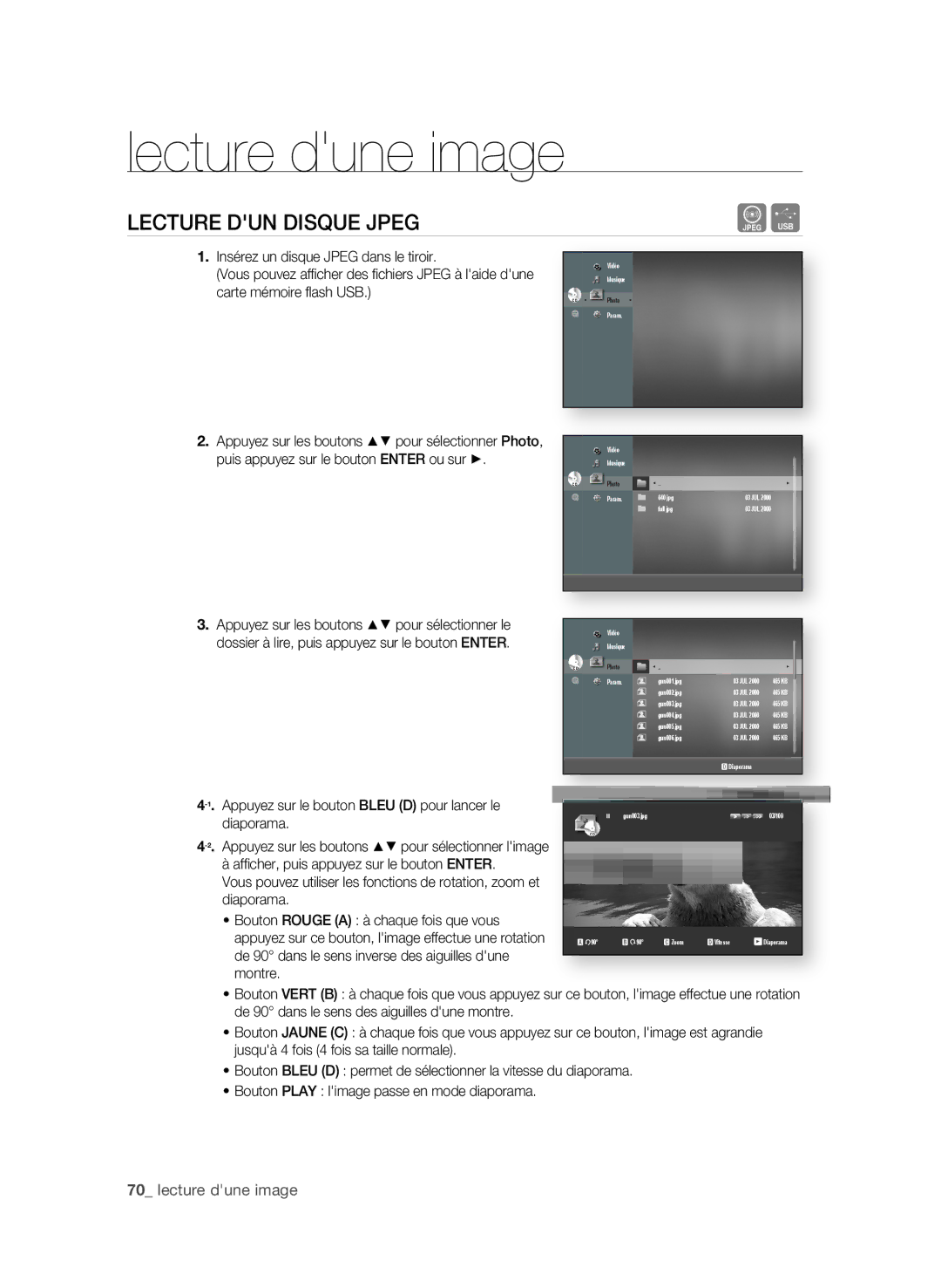 Samsung BD-P1600A/XEF, BD-P1650A/XEF manual Lecture dune image, LeCtURe DUn DiSQUe JPeg, 0 lecture dune image 