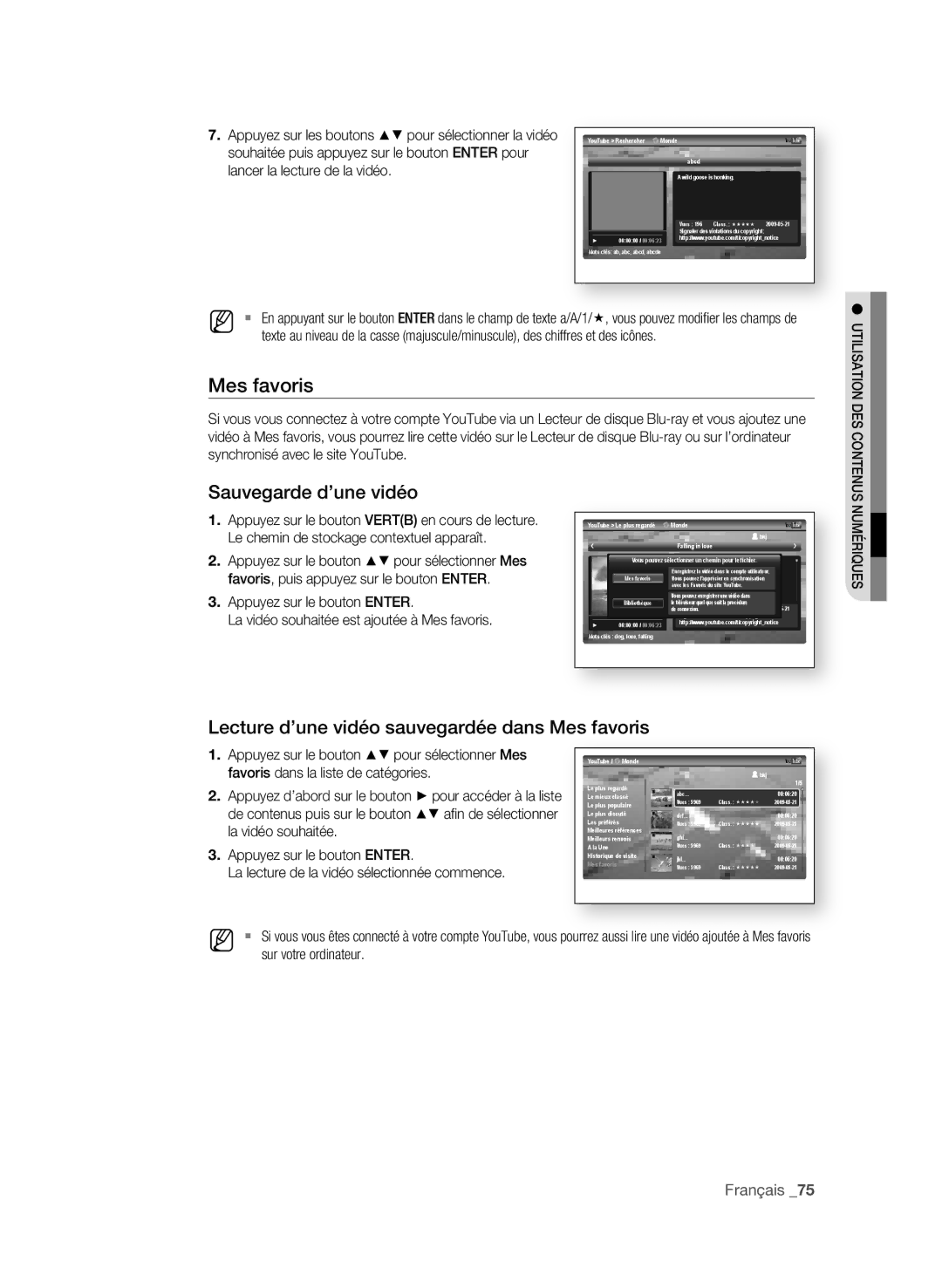 Samsung BD-P1650A/XEF, BD-P1600A/XEF manual Sauvegarde d’une vidéo, Lecture d’une vidéo sauvegardée dans Mes favoris 