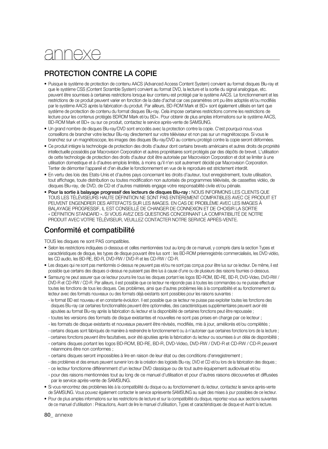 Samsung BD-P1600A/XEF, BD-P1650A/XEF manual Protection Contre LA Copie, Conformité et compatibilité 