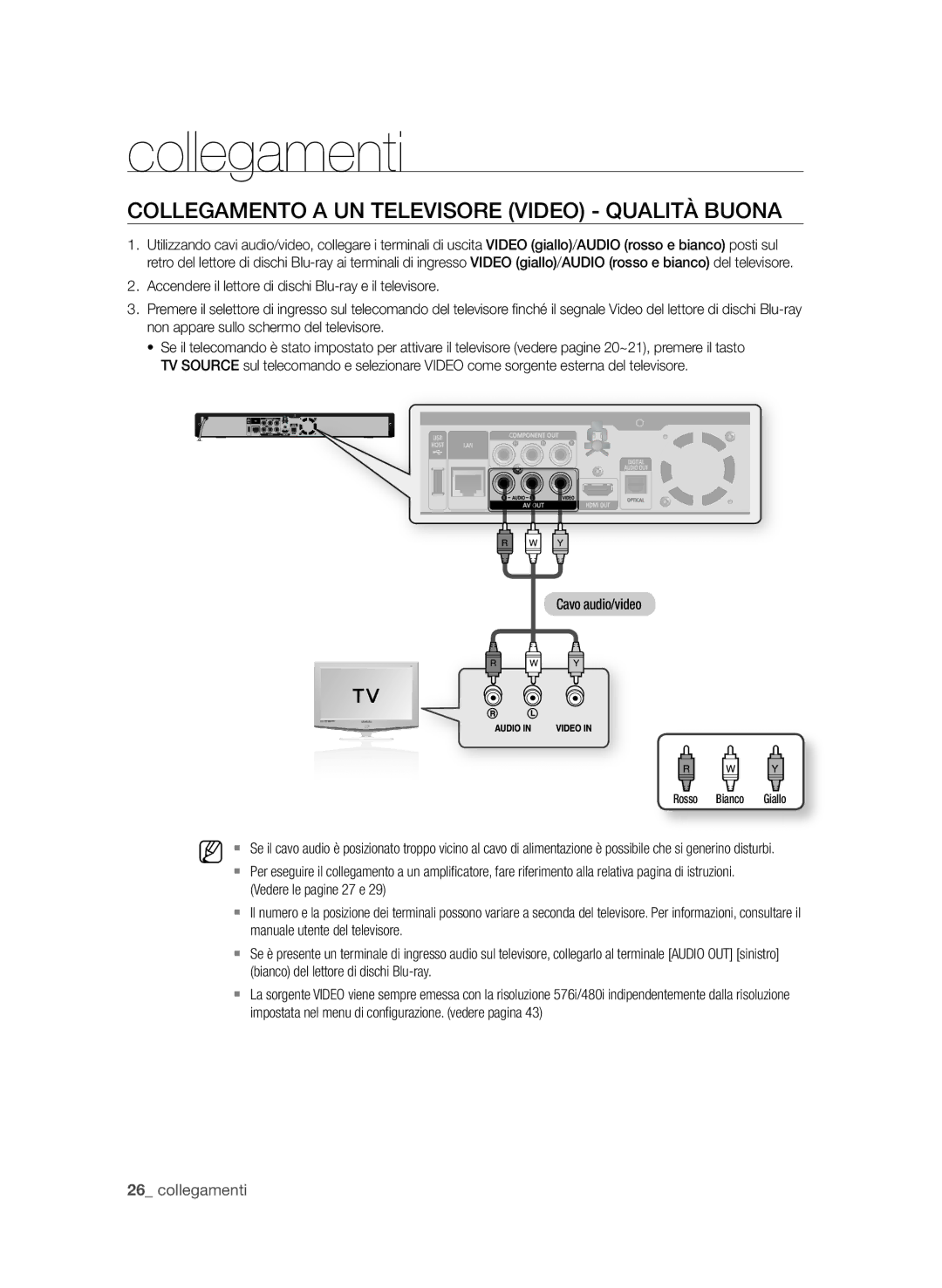 Samsung BD-P1600A/XEF, BD-P1650A/XEF manual CoLLegAMento a un teLeViSoRe ViDeo QuALitÀ BuonA, Cavo audio/video 