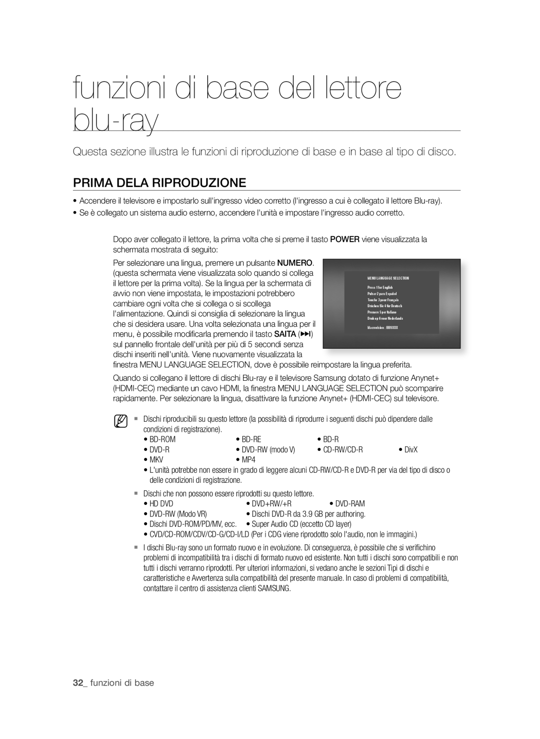 Samsung BD-P1600A/XEF, BD-P1650A/XEF manual Funzioni di base del lettore blu-ray, PRiMA DeLA RiPRoDuzione 