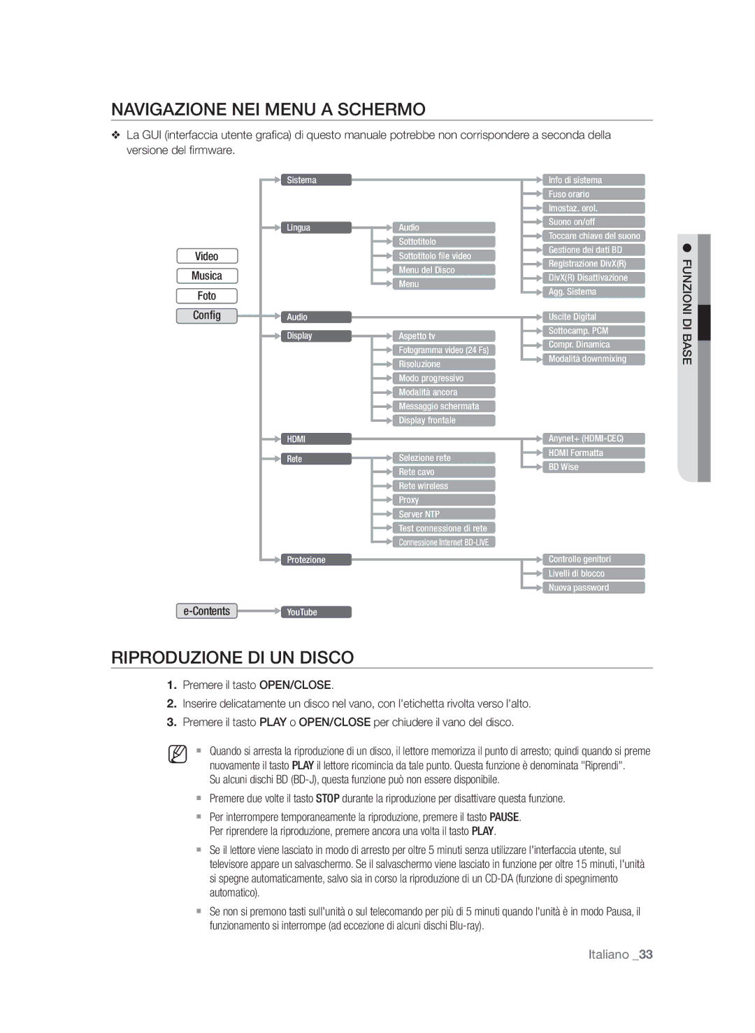 Samsung BD-P1650A/XEF manual Navigazione nei menu a schermo, Riproduzione di un disco, Contents YouTube, Dbas funzioni 