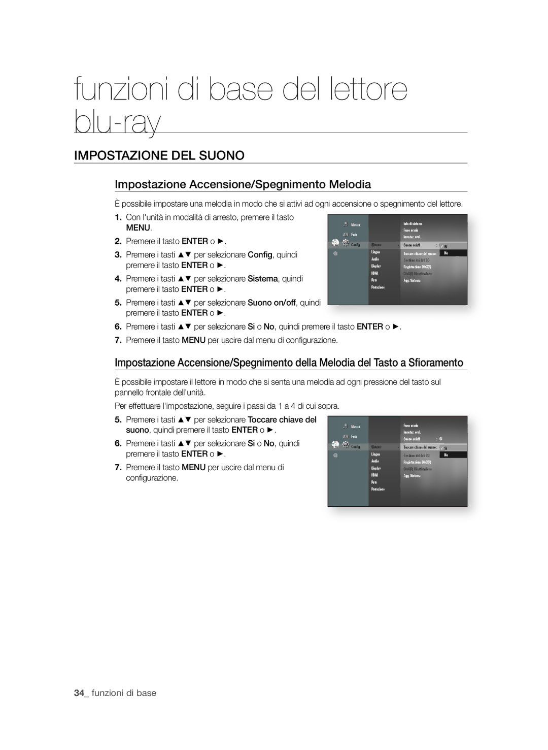 Samsung BD-P1600A/XEF manual IMPoStAzione DeL Suono, Impostazione Accensione/Spegnimento Melodia,  funzioni di base, Menu 