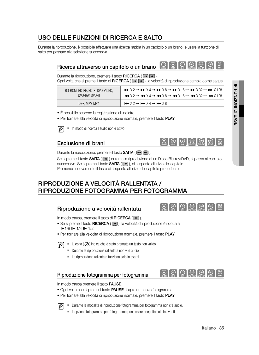 Samsung BD-P1650A/XEF manual Uso delle funzioni di ricerca e salto, Ricerca attraverso un capitolo o un brano hgfZCV 