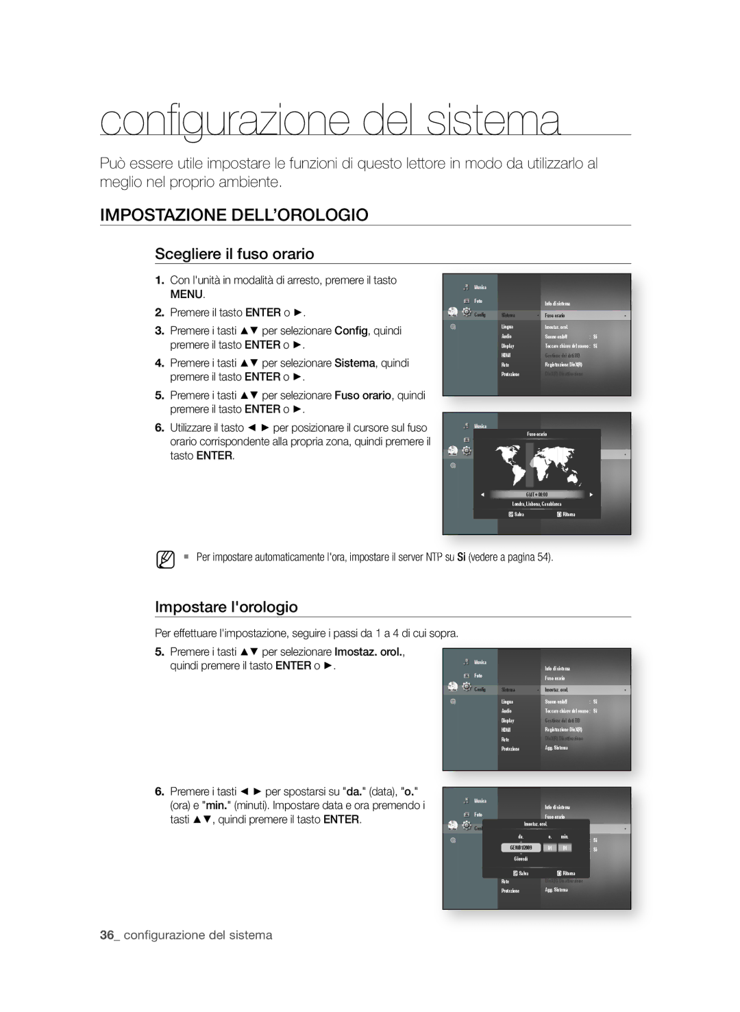 Samsung BD-P1600A/XEF, BD-P1650A/XEF manual Conﬁ gurazione del sistema, IMPoStAzione DeLL’oRoLogio, Scegliere il fuso orario 