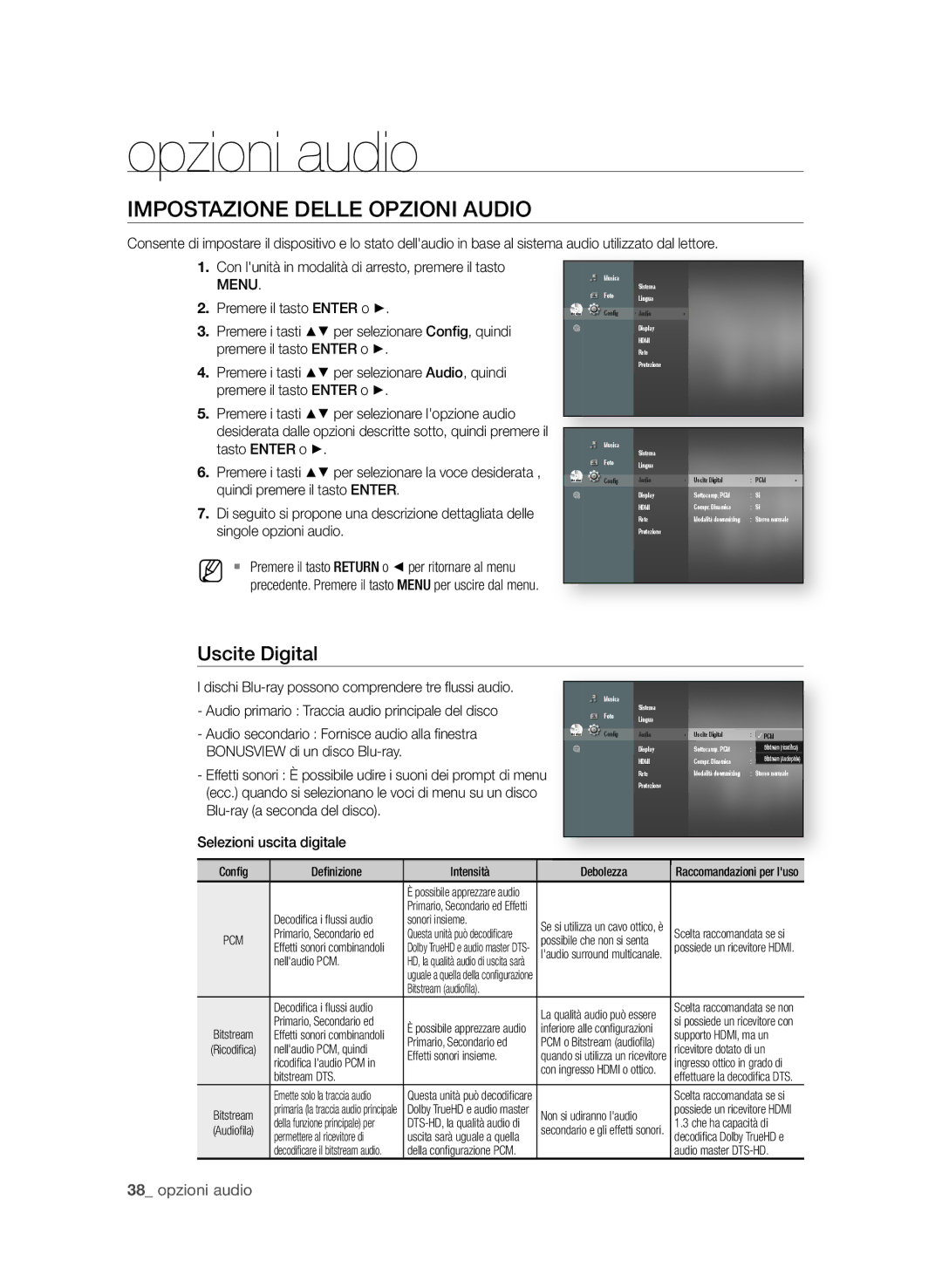 Samsung BD-P1600A/XEF, BD-P1650A/XEF manual Opzioni audio, IMPoStAzione DeLLe oPzioni AuDio, Uscite Digital,  opzioni audio 