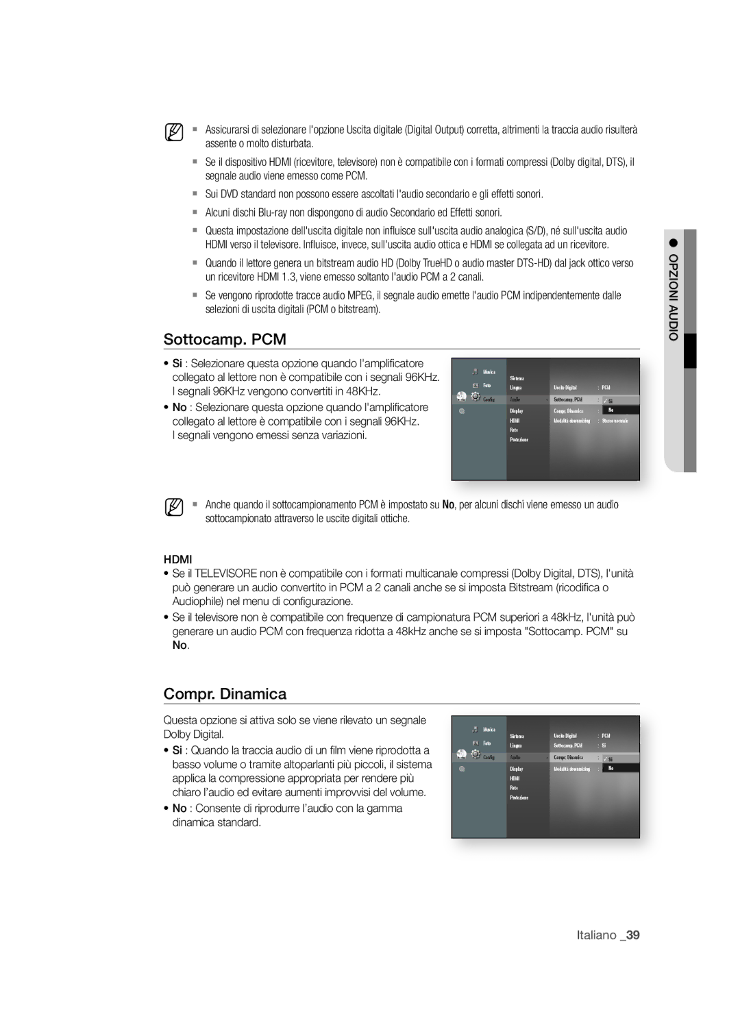 Samsung BD-P1650A/XEF, BD-P1600A/XEF manual Sottocamp. PCM, Compr. Dinamica, Italiano 3 