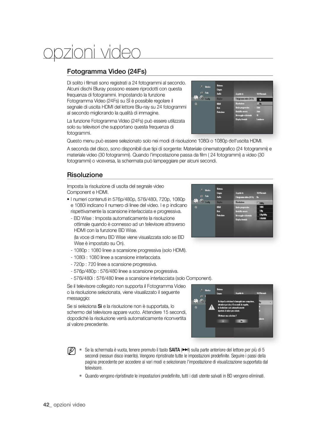 Samsung BD-P1600A/XEF, BD-P1650A/XEF manual Fotogramma Video 24fs, Risoluzione, 2 opzioni video, Component e Hdmi 