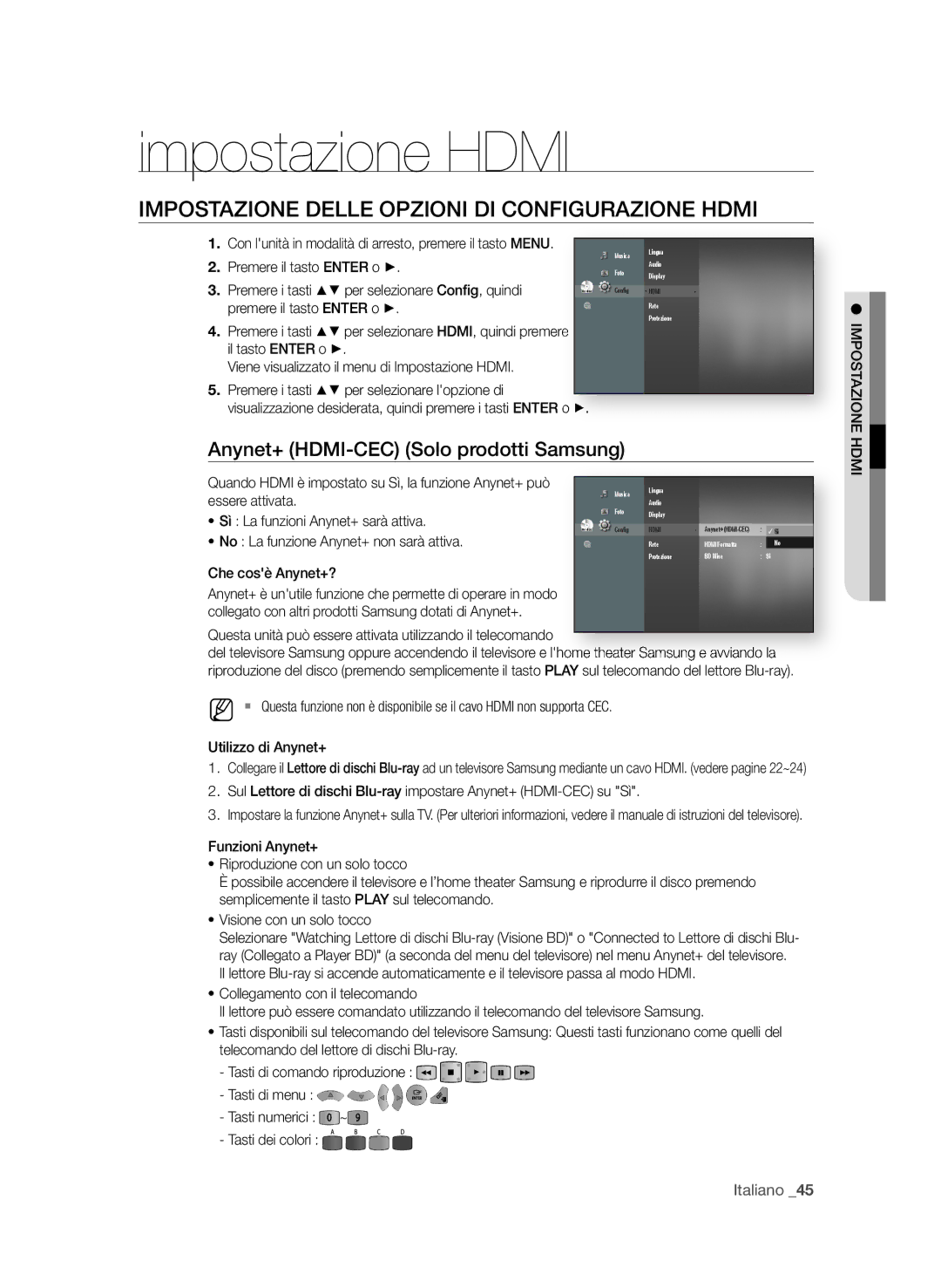 Samsung BD-P1650A/XEF, BD-P1600A/XEF Impostazione Hdmi, IMPoStAzione DeLLe oPzioni Di ConfiguRAzione HDMi, Italiano  