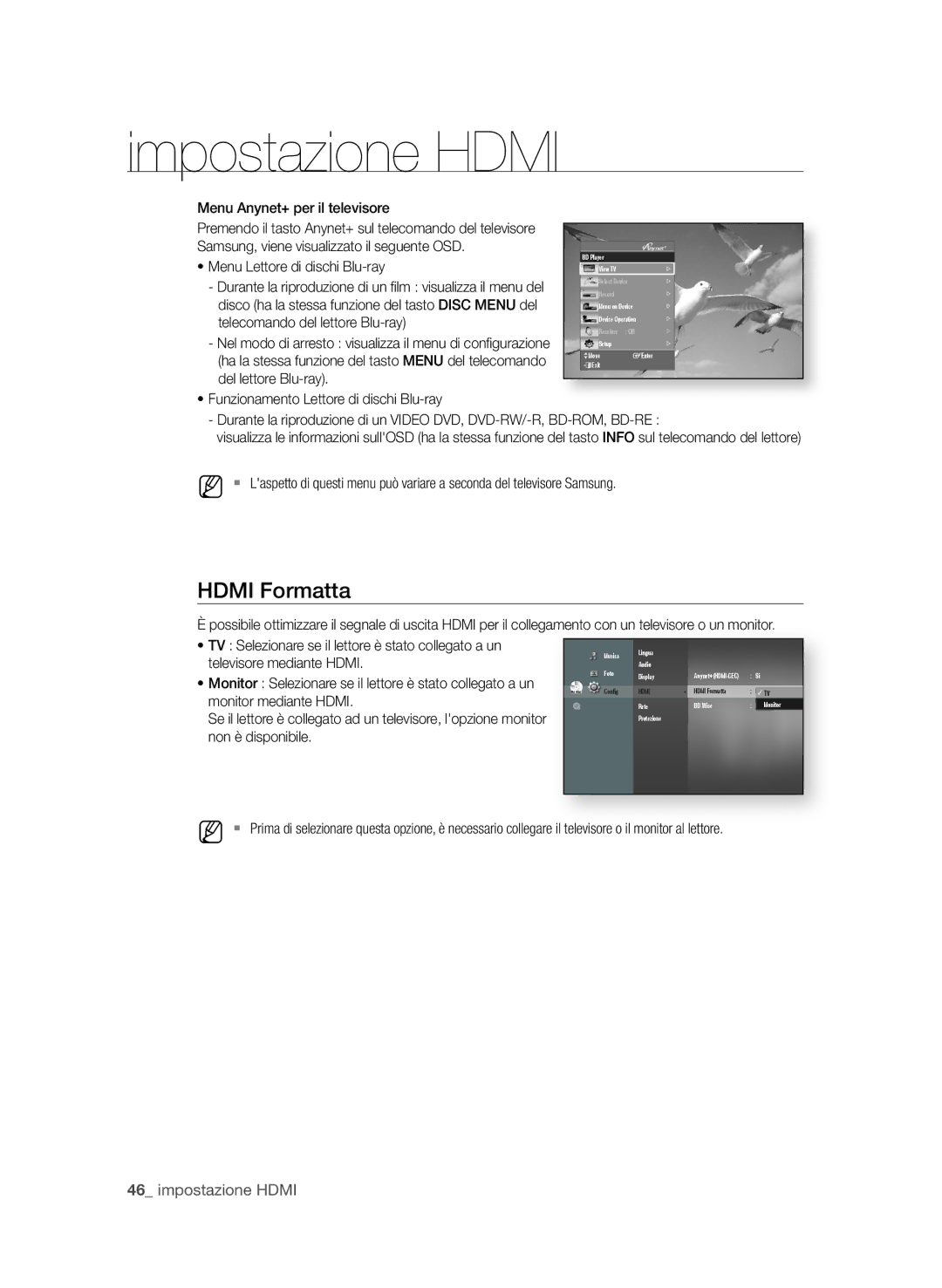 Samsung BD-P1600A/XEF manual HDMi formatta,  impostazione Hdmi, TV Selezionare se il lettore è stato collegato a un 