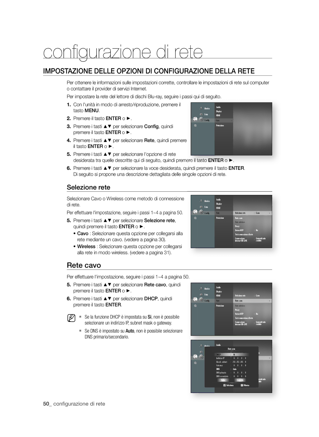 Samsung BD-P1600A/XEF manual Conﬁ gurazione di rete, IMPoStAzione DeLLe oPzioni Di ConfiguRAzione DeLLA Rete, Rete cavo 