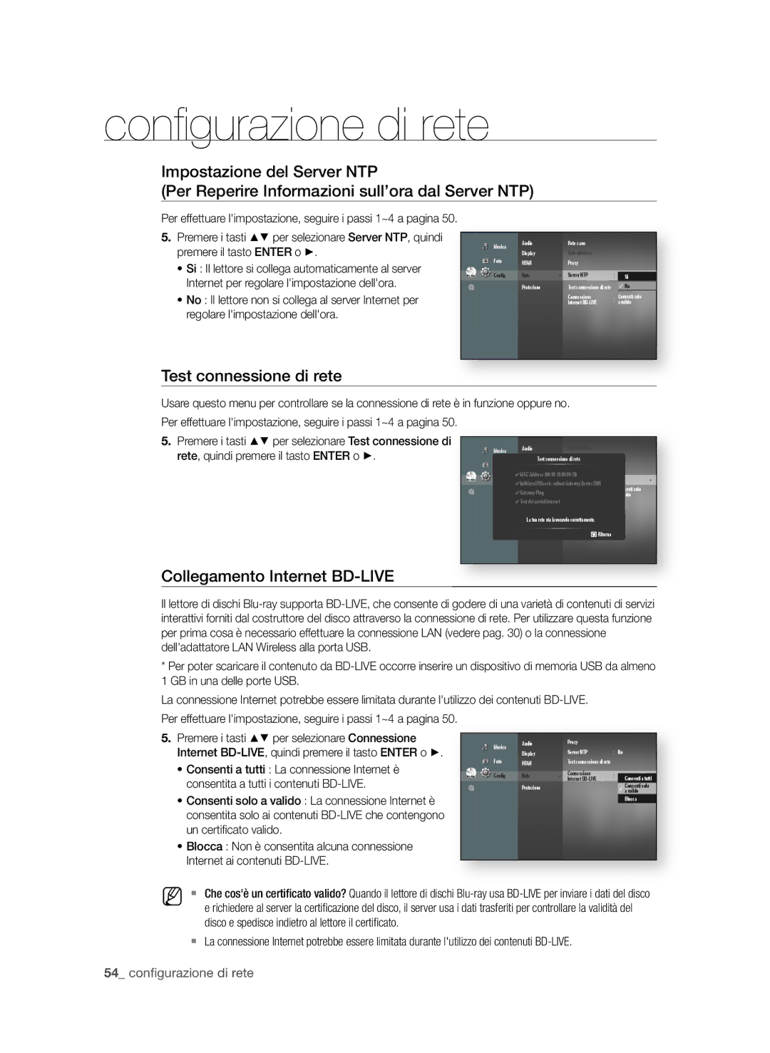 Samsung BD-P1600A/XEF, BD-P1650A/XEF Test connessione di rete, Collegamento internet BD-LiVe,  confi gurazione di rete 