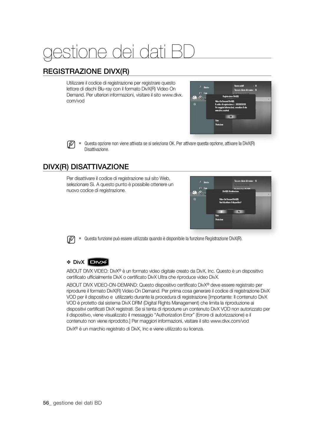 Samsung BD-P1600A/XEF, BD-P1650A/XEF manual RegiStRAzione DiVXR, DiVXR DiSAttiVAzione,  gestione dei dati BD 