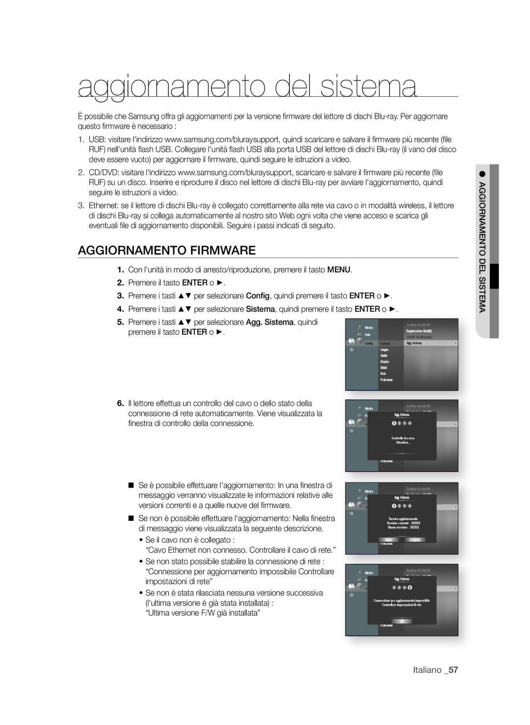 Samsung BD-P1650A/XEF manual Aggiornamento del sistema, AggioRnAMento fiRMWARe, Fi nestra di controllo della connessione 