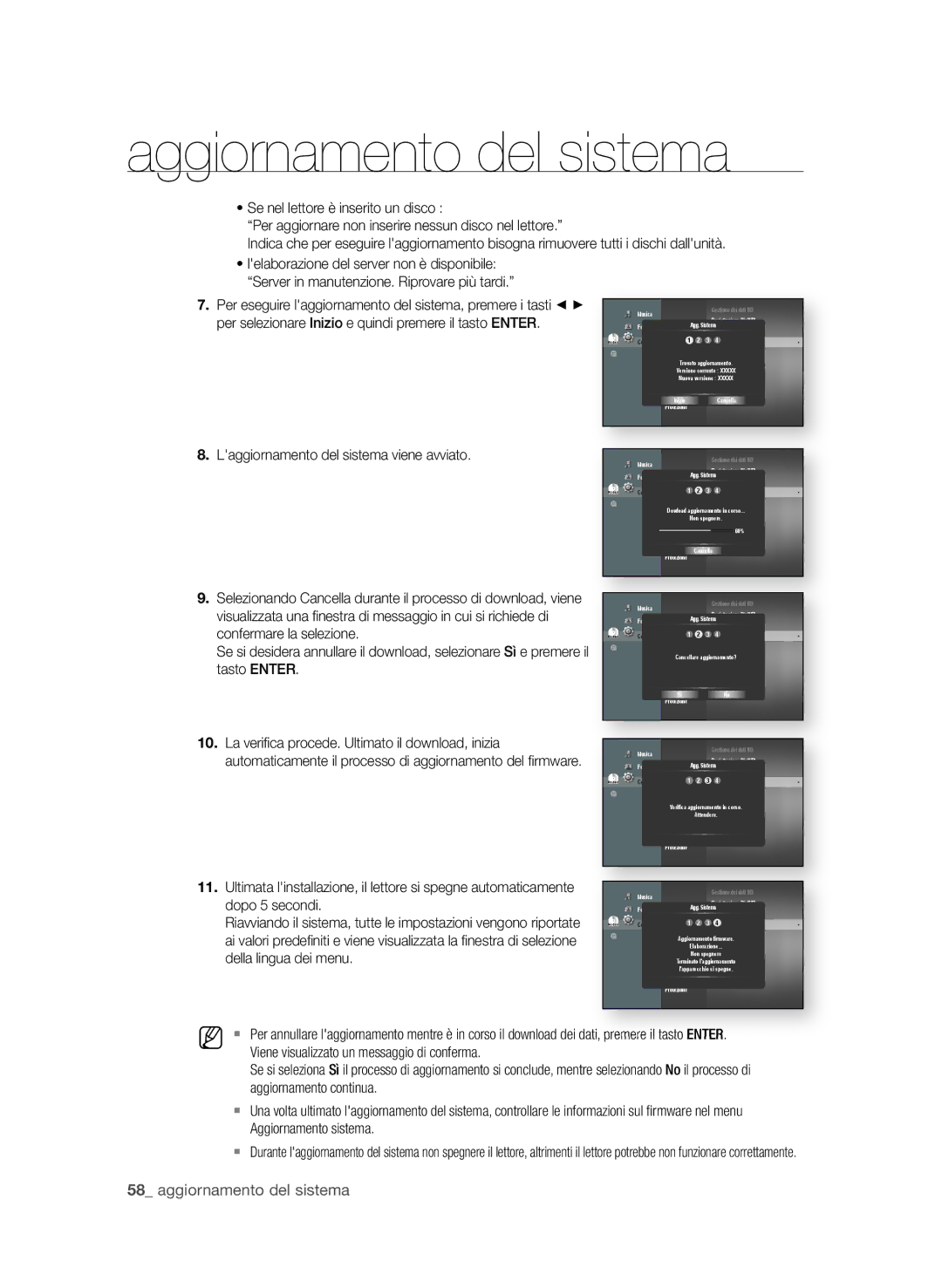 Samsung BD-P1600A/XEF, BD-P1650A/XEF manual  aggiornamento del sistema, . Laggiornamento del sistema viene avviato 