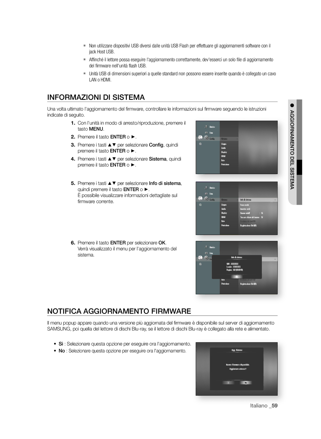 Samsung BD-P1650A/XEF, BD-P1600A/XEF manual InfoRMAzioni Di SiSteMA, NotifiCA AggioRnAMento fiRMWARe 