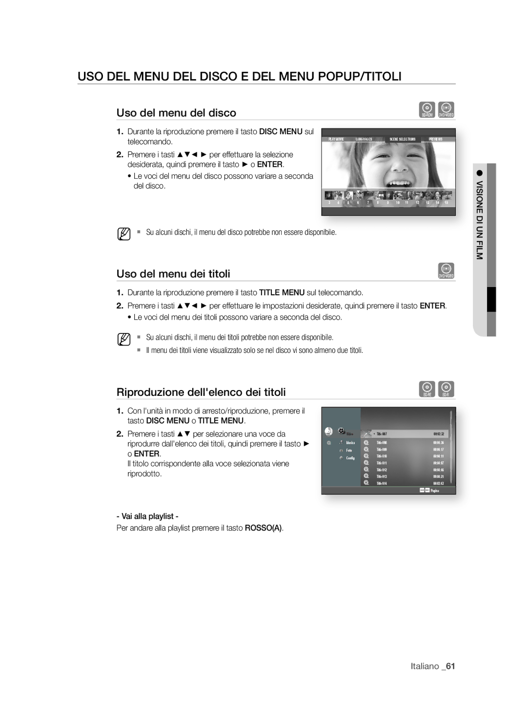 Samsung BD-P1650A/XEF USo DeL Menu DeL DiSCo e DeL Menu PoPuP/titoLi, Uso del menu del disco, Uso del menu dei titoli 