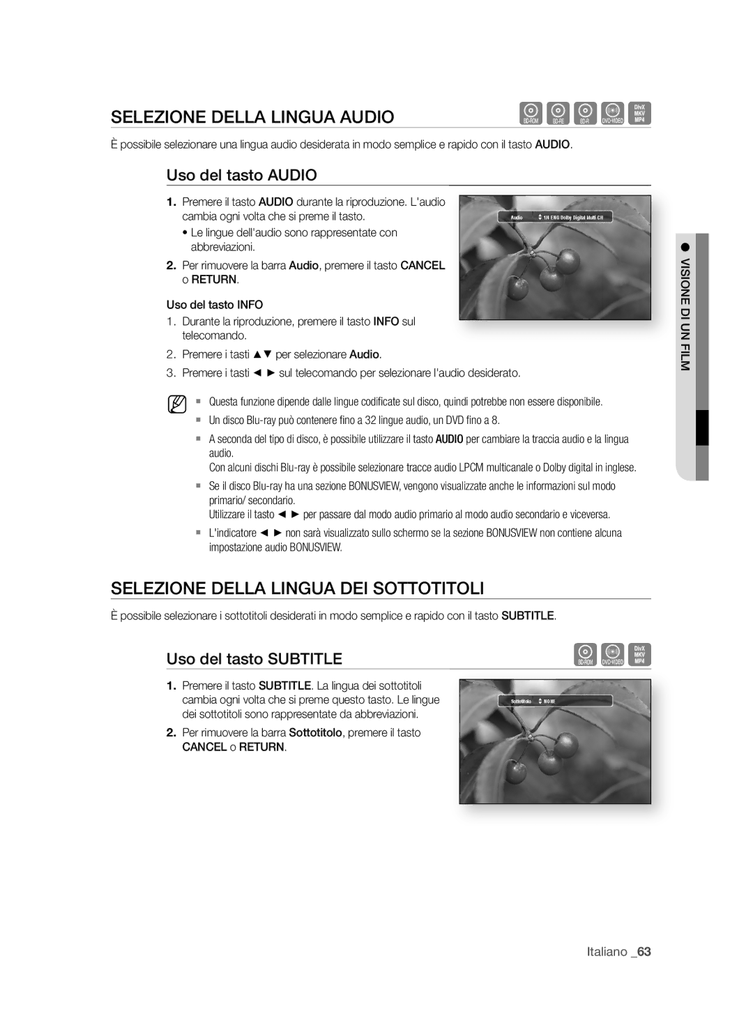 Samsung BD-P1650A/XEF manual SeLezione DeLLA LinguA AuDio, SeLezione DeLLA LinguA Dei SottotitoLi, Uso del tasto AuDio 