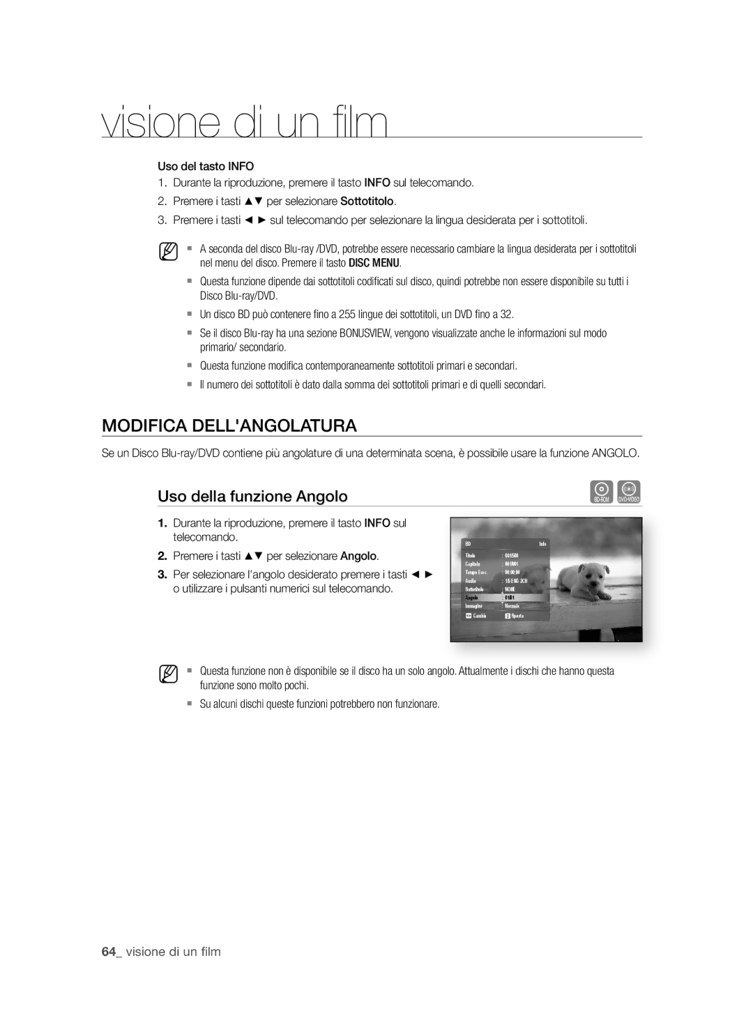 Samsung BD-P1600A/XEF, BD-P1650A/XEF manual MoDifiCA DeLLAngoLAtuRA, Uso della funzione Angolo,  visione di un fi lm 