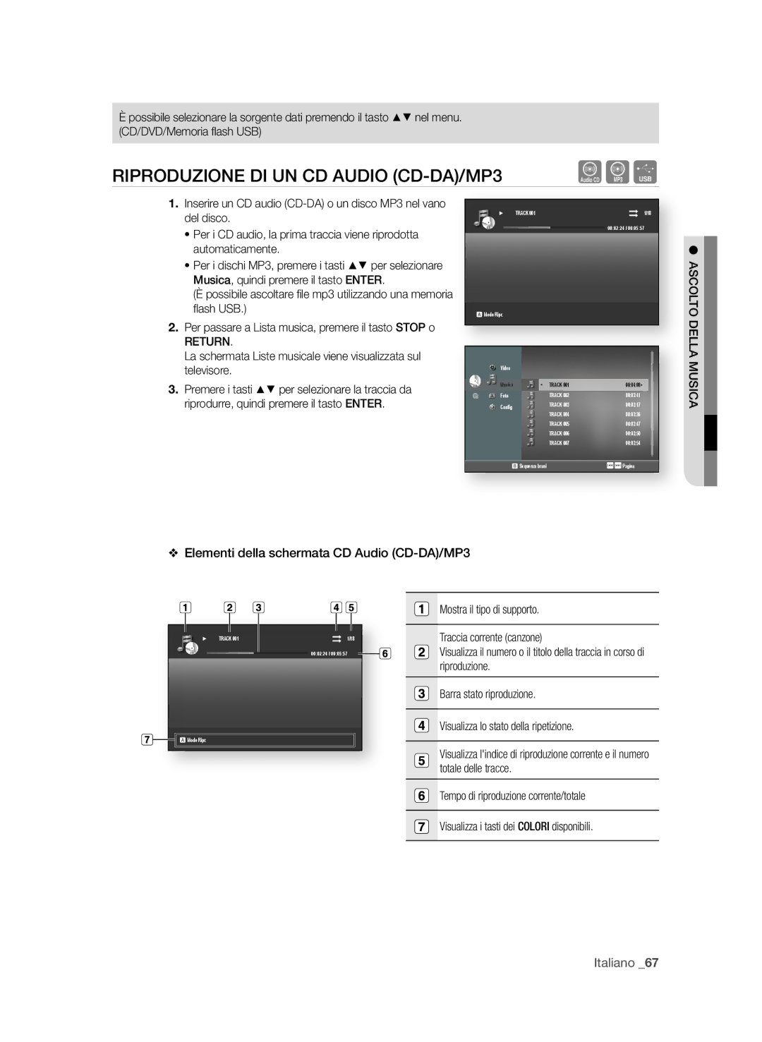 Samsung BD-P1650A/XEF, BD-P1600A/XEF manual RiPRoDuzione Di un CD AuDio CD-DA/MP3, ASCoLto DeLLA MuSiCA 