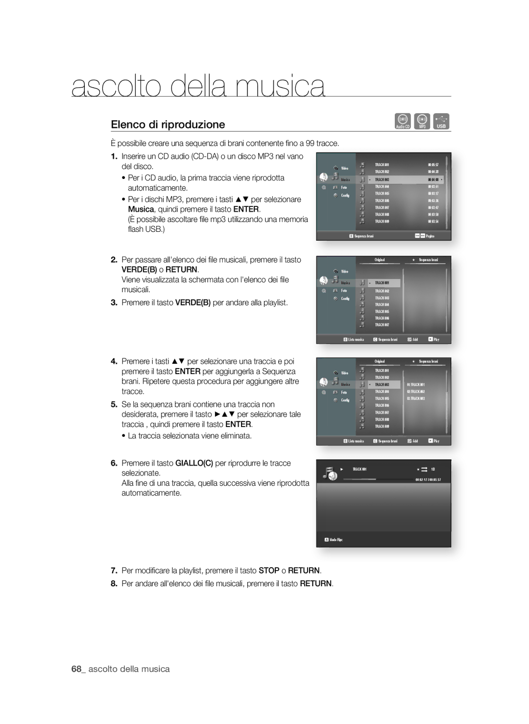 Samsung BD-P1600A/XEF, BD-P1650A/XEF manual Elenco di riproduzione,  ascolto della musica 