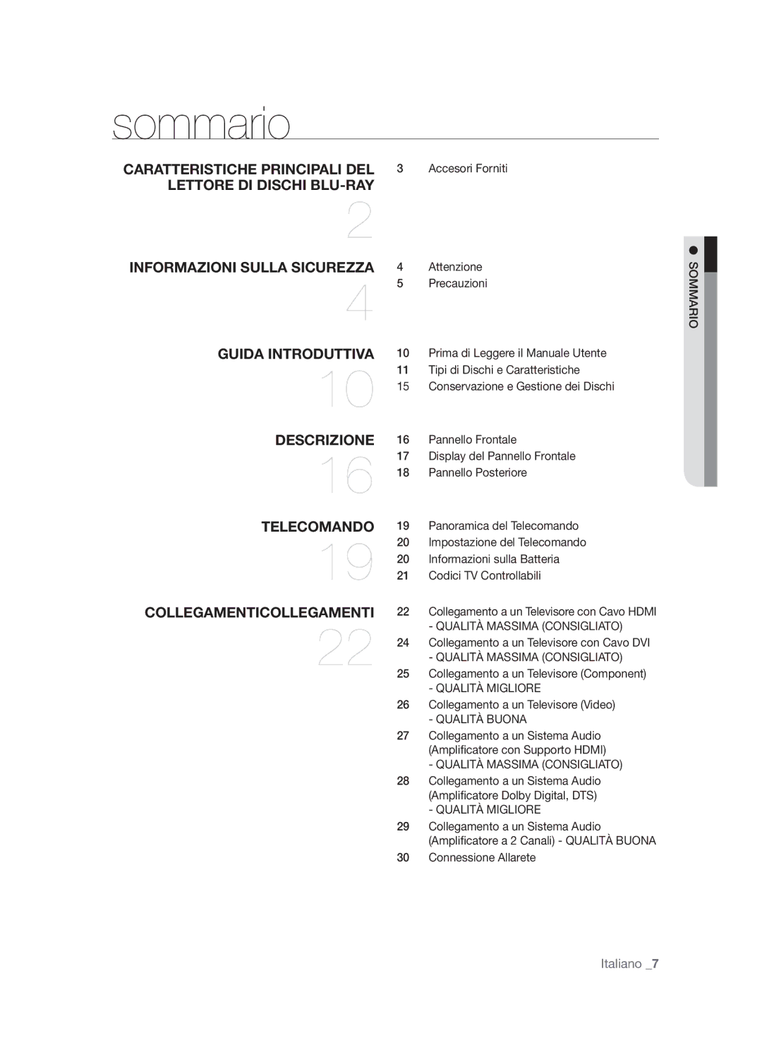 Samsung BD-P1650A/XEF, BD-P1600A/XEF manual Sommario, Qualità Massima Consigliato, Qualità Migliore, Qualità Buona 