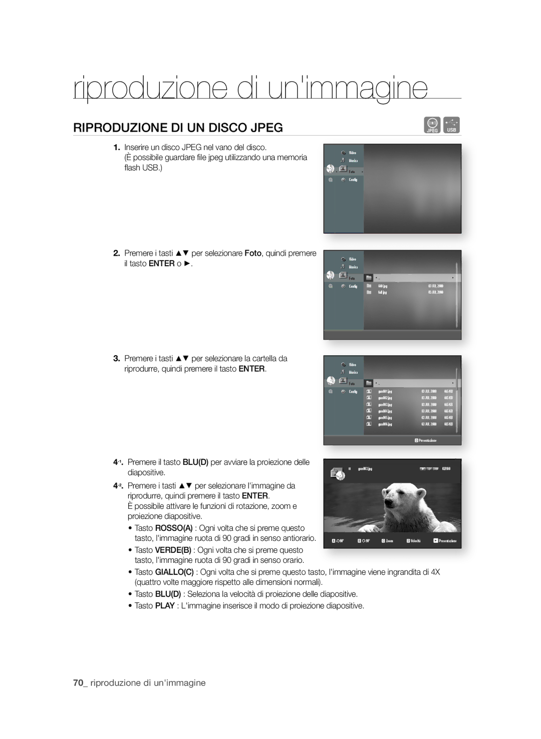 Samsung BD-P1600A/XEF manual Riproduzione di unimmagine, RiPRoDuzione Di un DiSCo JPeg, 0 riproduzione di unimmagine 