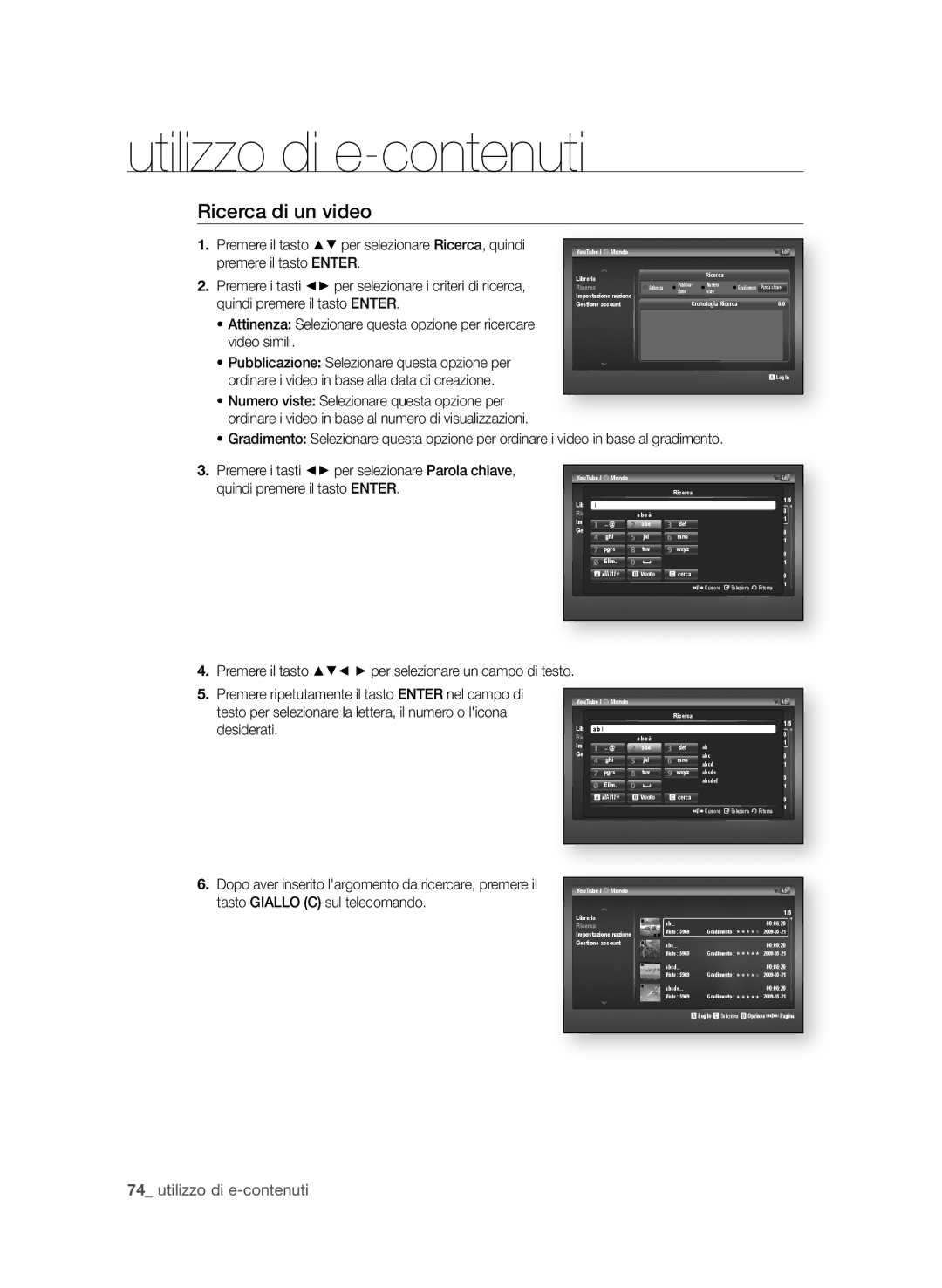 Samsung BD-P1600A/XEF, BD-P1650A/XEF manual Ricerca di un video,  utilizzo di e-contenuti, Quindi premere il tasto enteR 