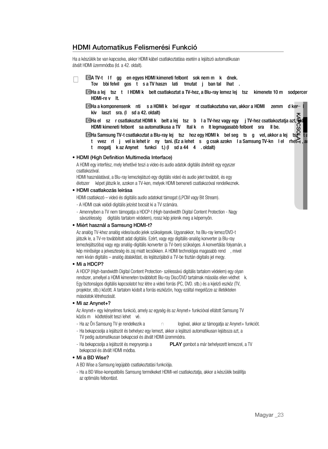 Samsung BD-P1600/XEE, BD-P1600/EDC manual Hdmi Automatikus Felismerési Funkció, Miért használ a Samsung HDMI-t?, Mi a HDCP? 