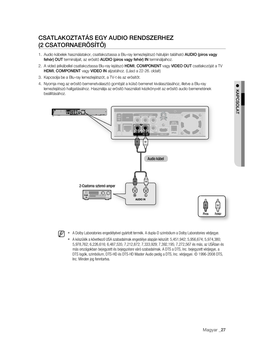 Samsung BD-P1600/EDC, BD-P1600/XEF, BD-P1600/XEE manual CSATLAKOzTATÁS egy AuDIO ReNDSzeRHez 2 CSATORNAeRõSíTõ 