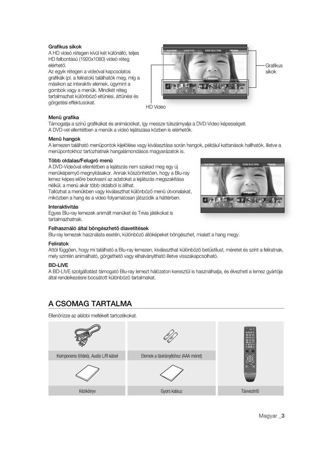 Samsung BD-P1600/EDC, BD-P1600/XEF, BD-P1600/XEE manual CSOMAg Tartalma, Magyar 