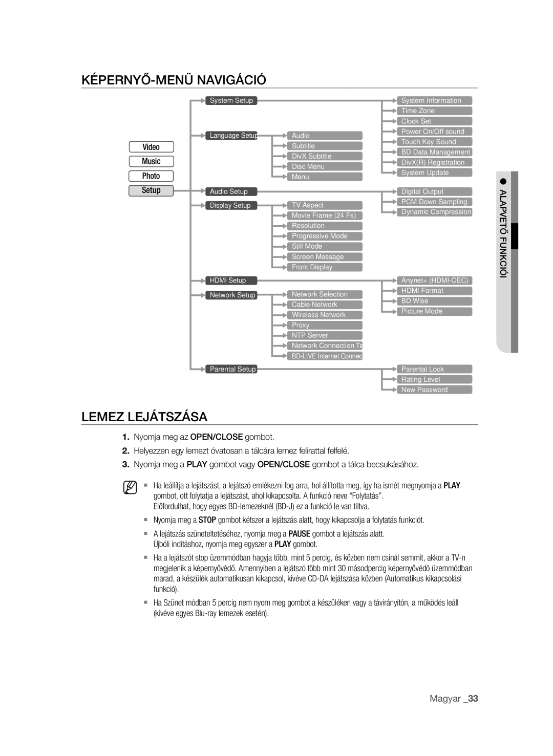 Samsung BD-P1600/EDC manual Képernyő-menü navigáció, Lemez lejátszása, Újbóli indításhoz, nyomja meg egyszer a Play gombot 