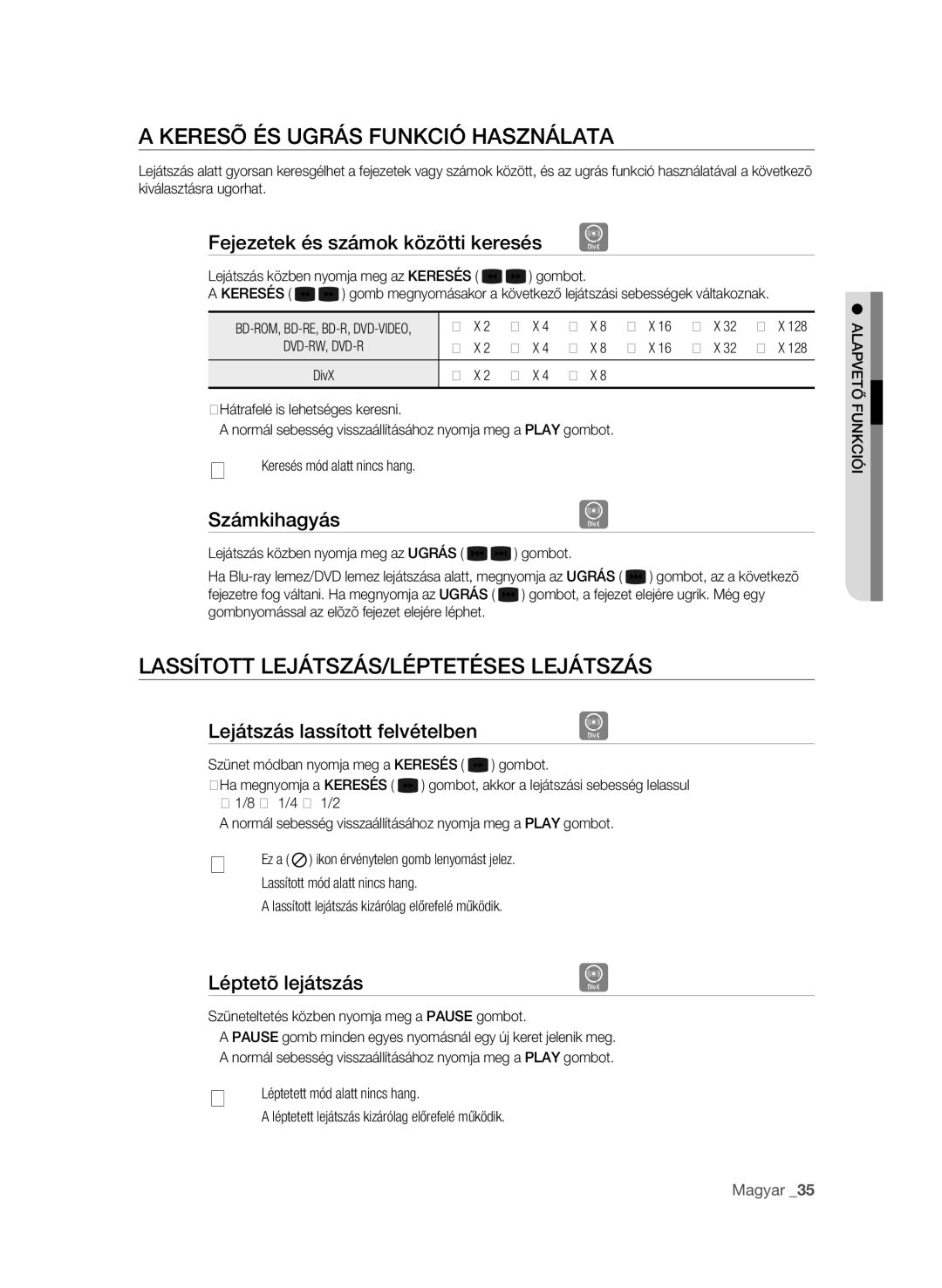 Samsung BD-P1600/XEE, BD-P1600/EDC manual Keresõ és ugrás funkció használata, LasSítoTt lejátszás/Léptetéses lejátszás 