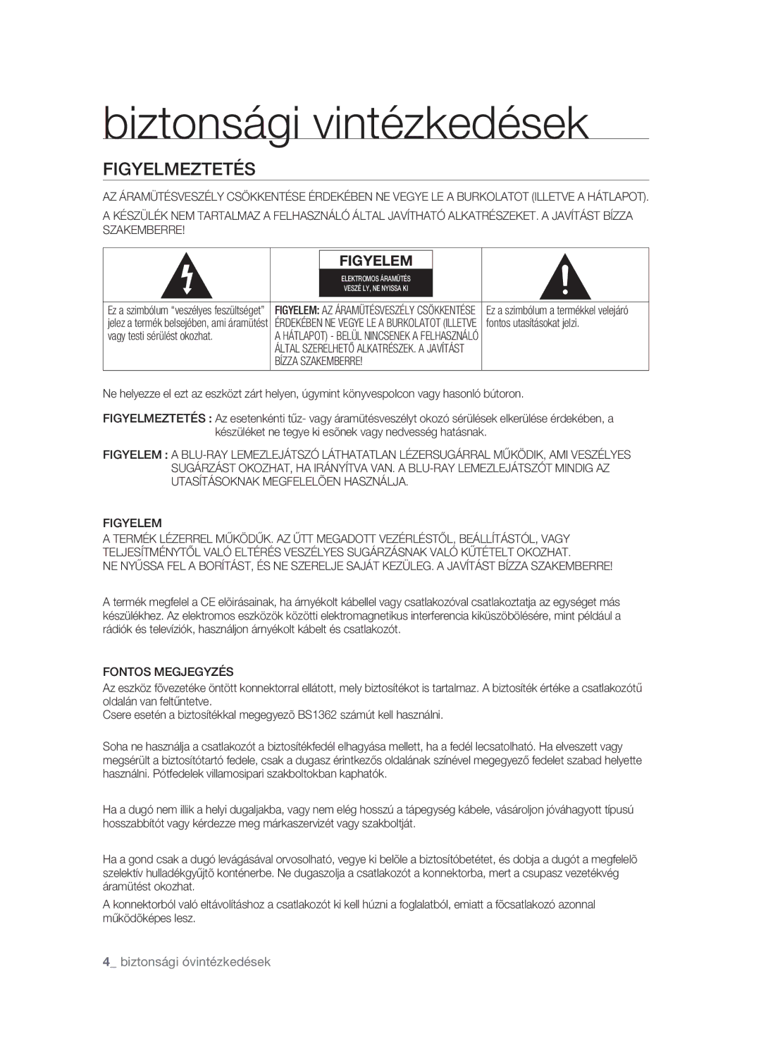 Samsung BD-P1600/XEF manual Biztonsági óvintézkedések, Figyelmeztetés,  biztonsági óvintézkedések, Bízza Szakemberre 