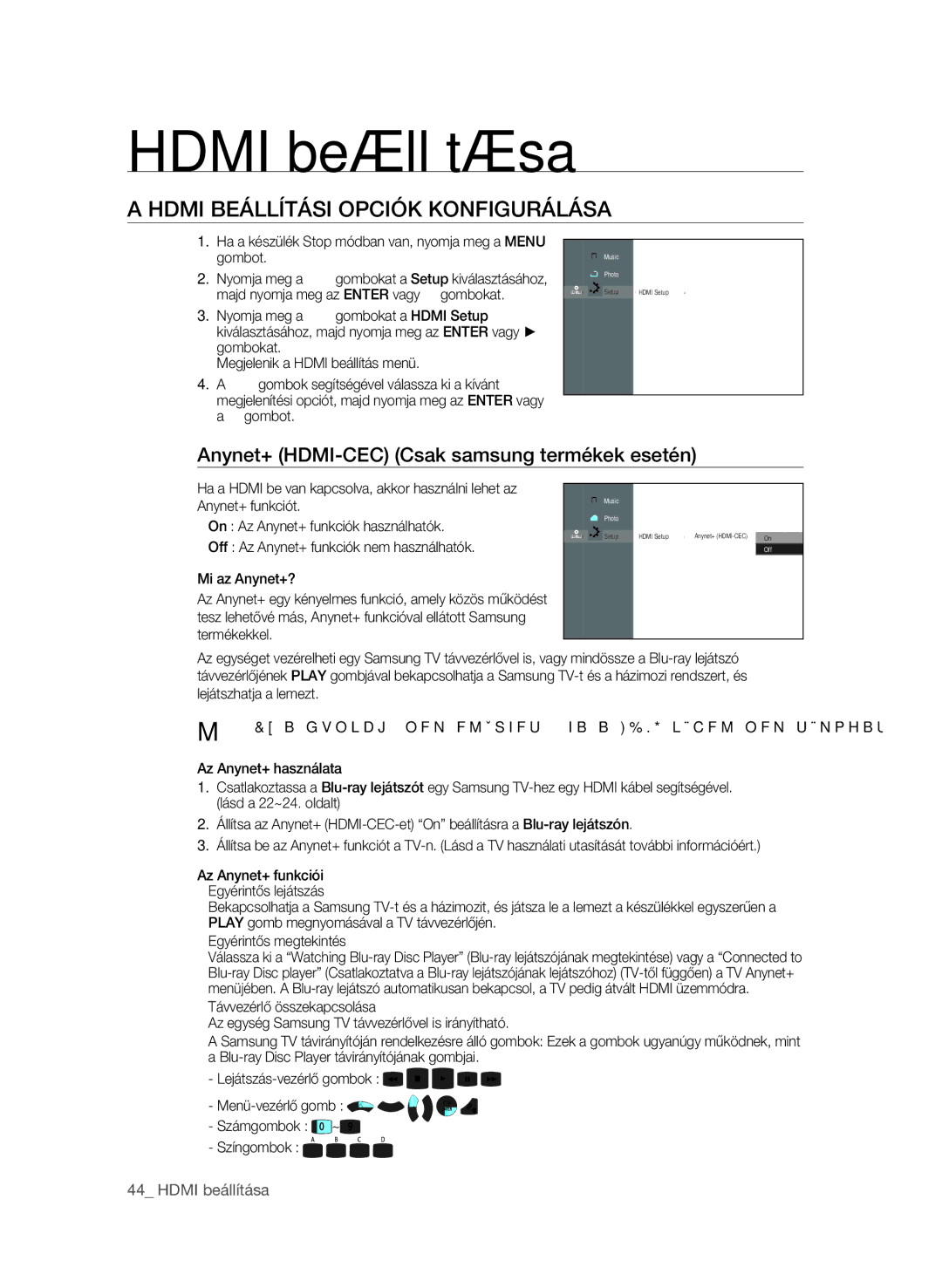 Samsung BD-P1600/XEE Hdmi beállítása, Hdmi BeÁLLíTÁSI OPCIóK KONFIguRÁLÁSA, Anynet+ HDMI-CeC Csak samsung termékek esetén 