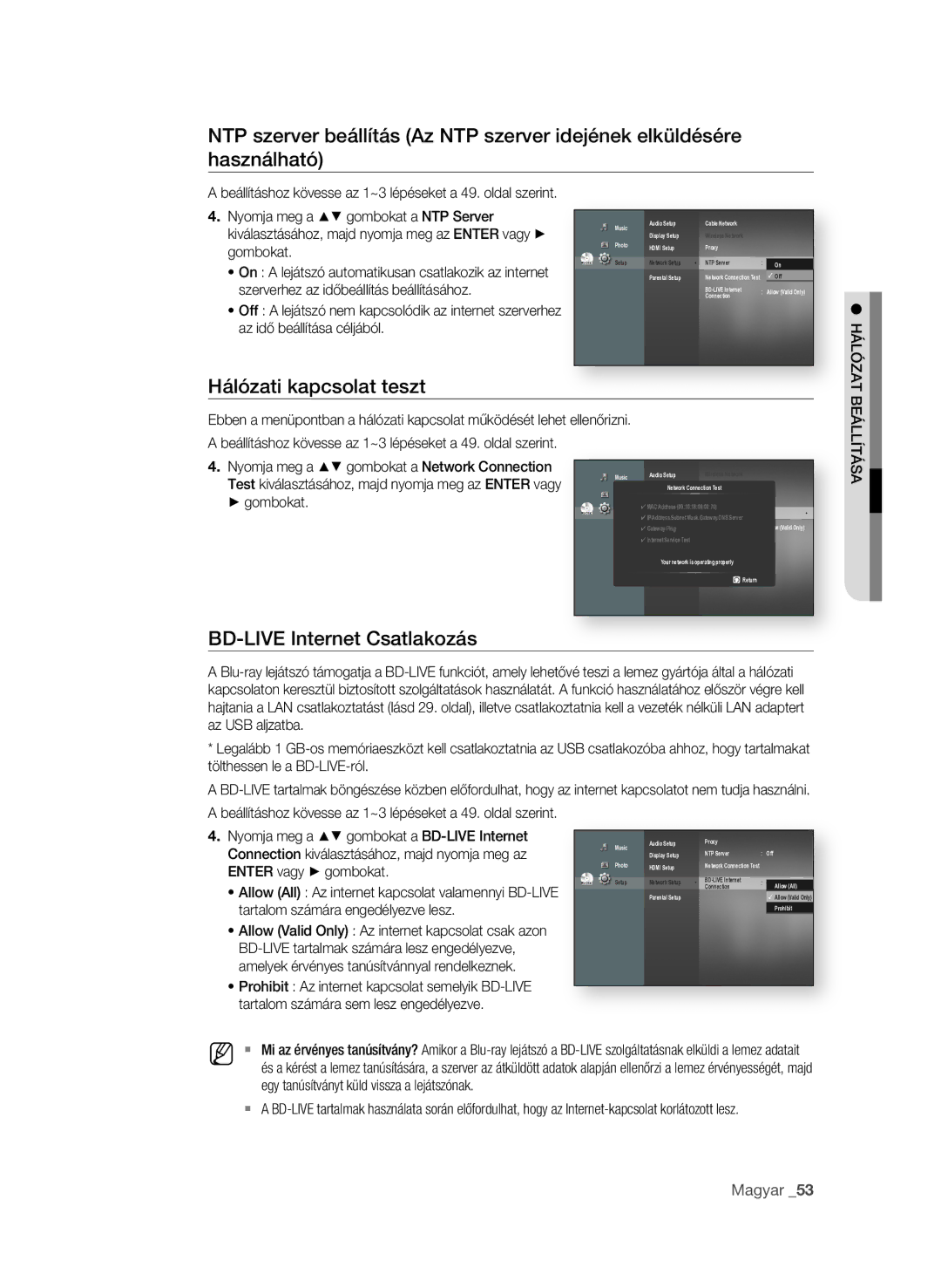 Samsung BD-P1600/XEE, BD-P1600/EDC, BD-P1600/XEF manual Hálózati kapcsolat teszt, BD-LIVe Internet Csatlakozás 