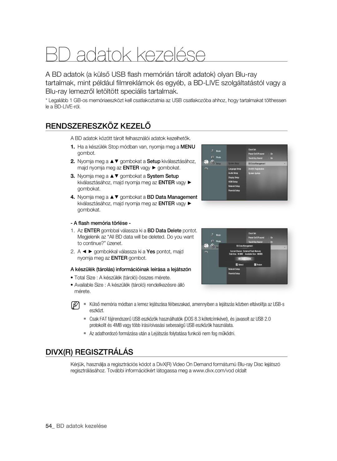 Samsung BD-P1600/EDC, BD-P1600/XEF, BD-P1600/XEE manual ReNDSzeReSzKöz KezeLő, Divxr RegISzTRÁLÁS,  BD adatok kezelése 