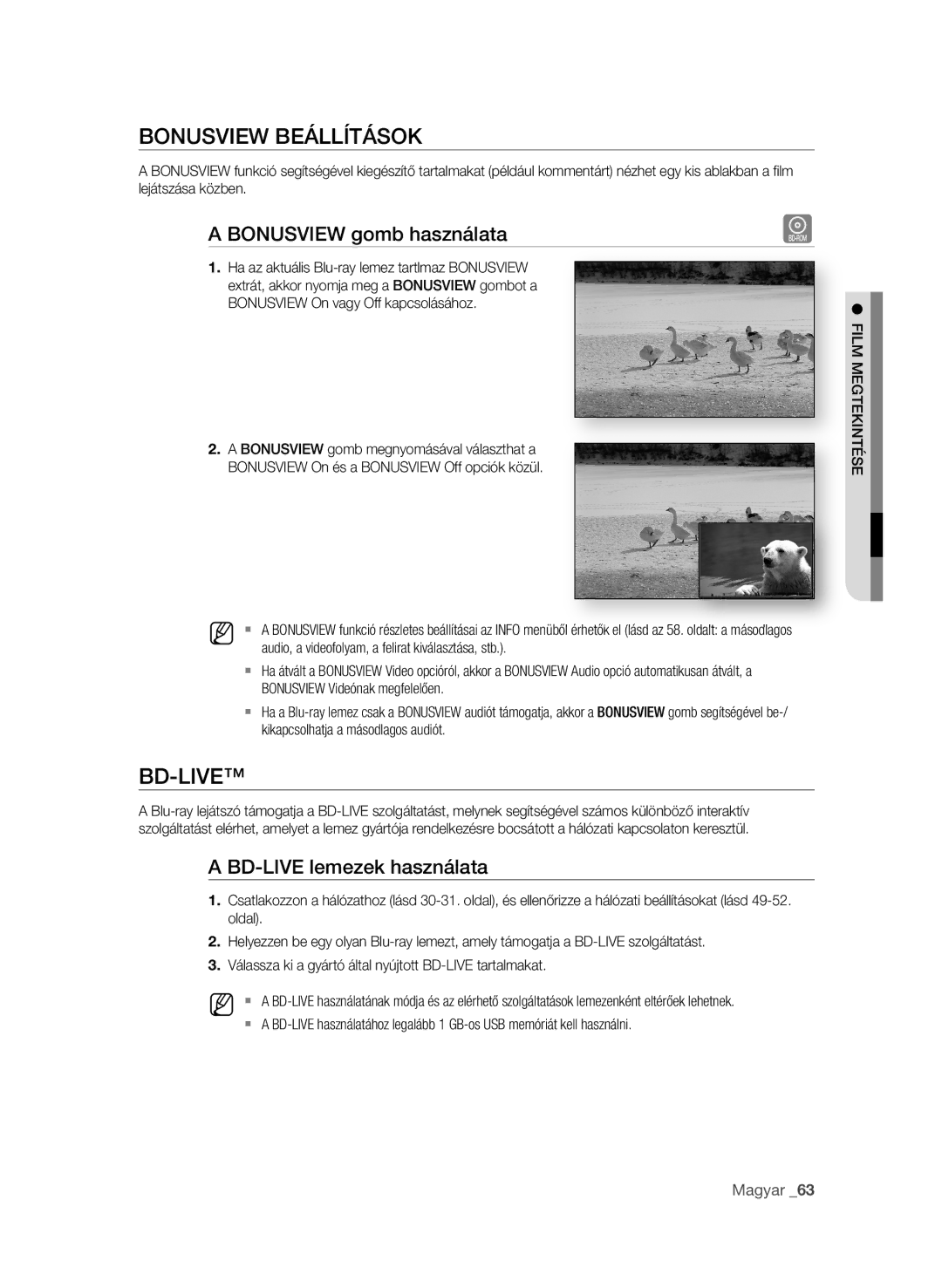 Samsung BD-P1600/EDC, BD-P1600/XEF manual BONuSVIeW BeÁLLíTÁSOK, BONuSVIeW gomb használata, BD-LIVe lemezek használata 