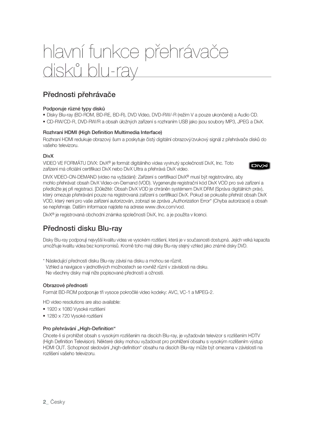 Samsung BD-P1600/EDC manual Přednosti přehrávače, Přednosti disku Blu-ray,  Česky 