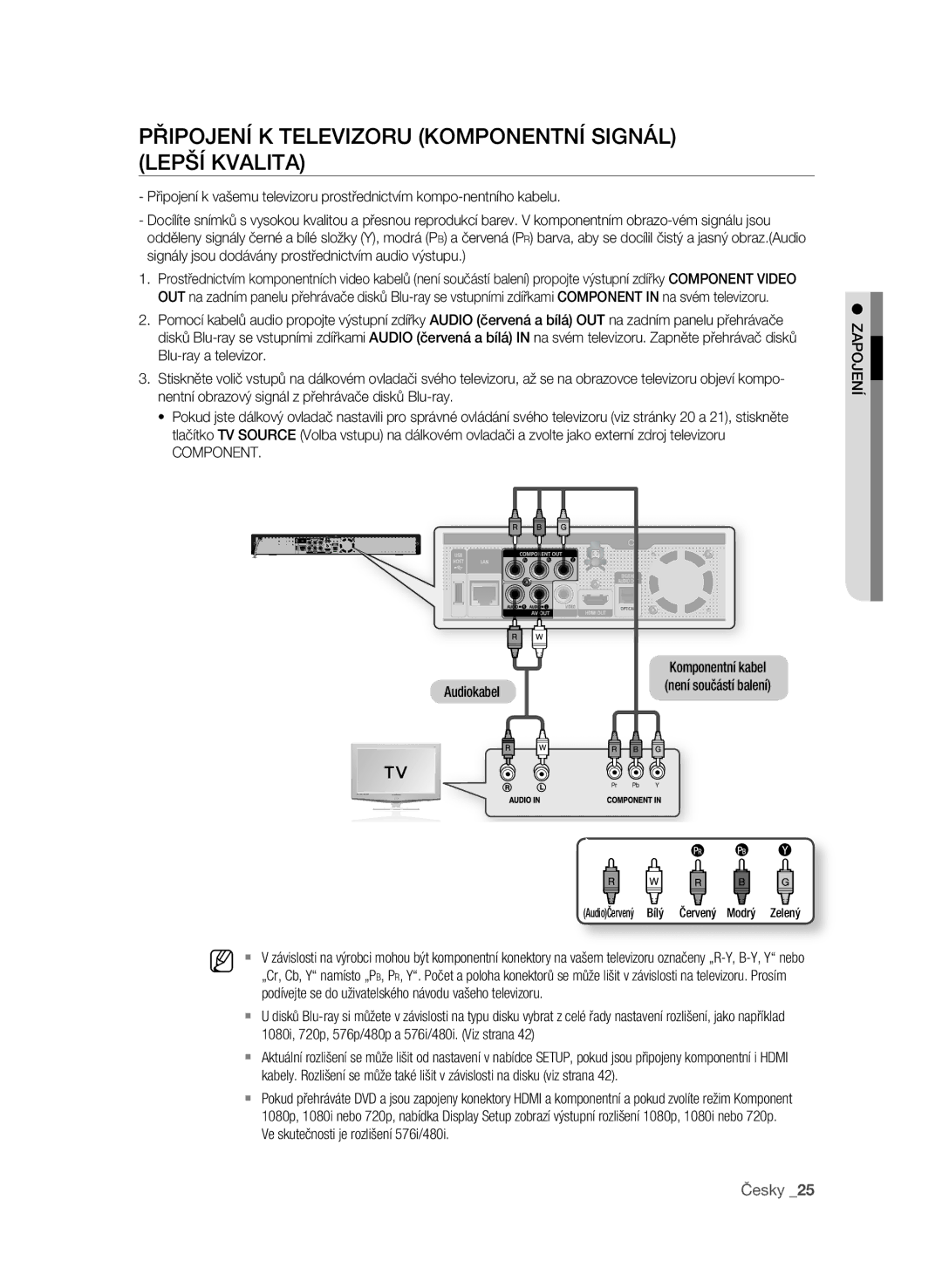 Samsung BD-P1600/EDC manual PřIPOJEní K Televizoru KOMPOnEnTní sIgnáL LEPší KVaLITa, Česky , ZaPOJEní 