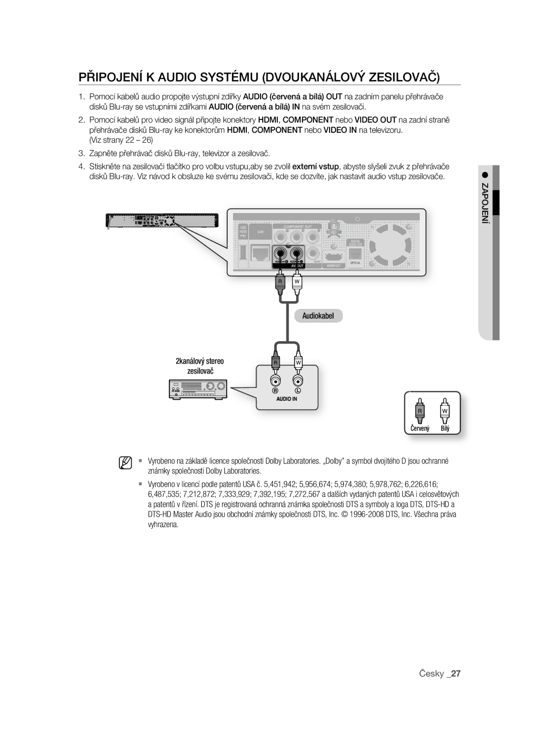 Samsung BD-P1600/EDC manual PřIPOJEní K aUDIO sysTéMU DVOUKanáLOVÝ ZEsILOVaČ, Známky společnosti Dolby Laboratories 