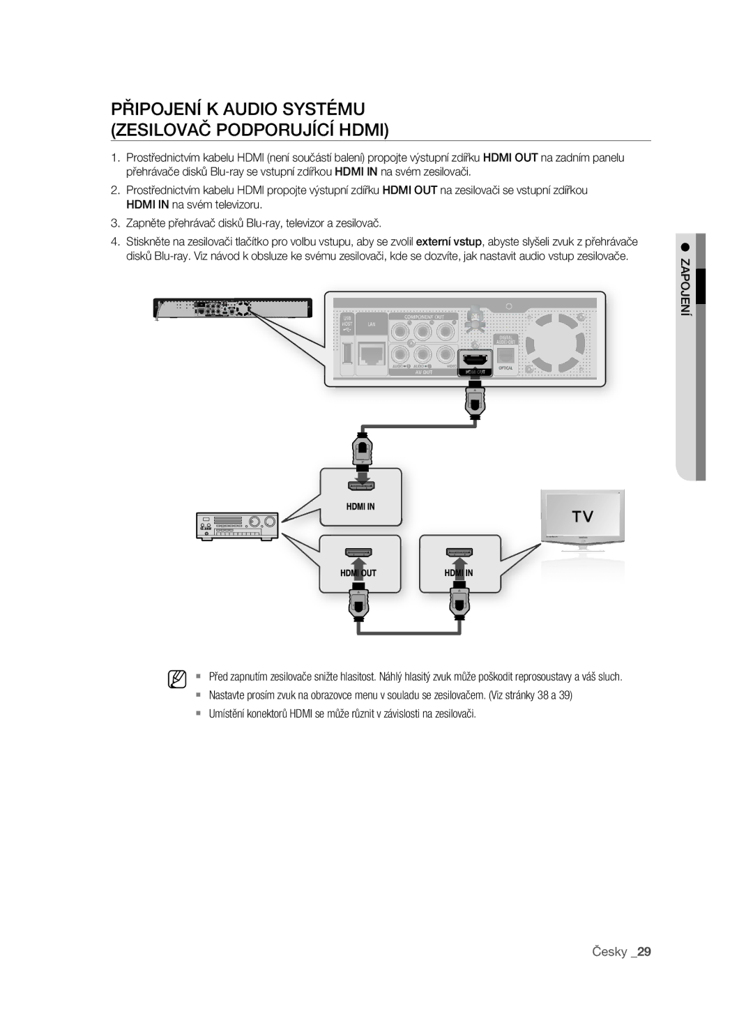 Samsung BD-P1600/EDC manual Připojení k audio systému Zesilovač podporující Hdmi, Česky 